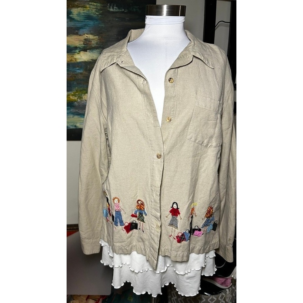 Lemon Grass Embroidery Khaki Button Up Shirt Women "Shop Til You Drop" - Picture 3 of 6